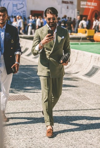 Dark Green Dress Pants Outfits For Men: Reach for an olive double breasted blazer and dark green dress pants to look like a proper dandy. On the shoe front, go for something on the laid-back end of the spectrum and complement your outfit with a pair of brown suede tassel loafers.