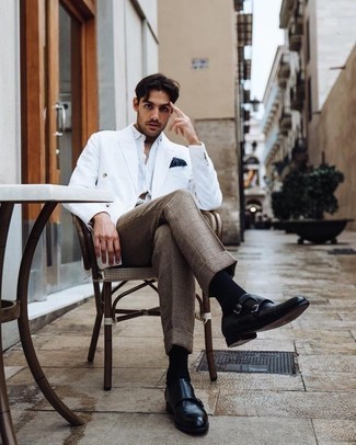 White Double Breasted Blazer Outfits For Men: This sophisticated combination of a white double breasted blazer and brown check dress pants is a frequent choice among the dapper chaps. Complete this outfit with a pair of black leather double monks to keep the look fresh.