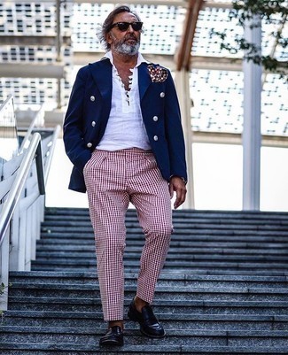 Red Dress Pants Outfits For Men: A navy double breasted blazer and red dress pants are indispensable players in any guy's wardrobe. Complete your ensemble with a pair of navy leather loafers to easily amp up the street cred of your ensemble.