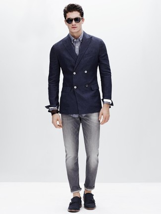So as you can see, it doesn't require that much effort for a man to look seriously stylish. Just consider teaming a navy double breasted blazer with grey jeans and you'll look incredibly stylish. Complete this ensemble with a pair of navy suede double monks to instantly rev up the style factor of any ensemble.