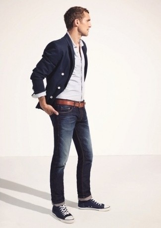 Men's Navy Double Breasted Blazer, Light Blue Long Sleeve Shirt, Navy Jeans, Navy and White Low Top Sneakers
