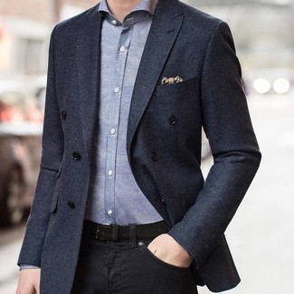 Men's Charcoal Double Breasted Blazer, Grey Chambray Long Sleeve Shirt, Black Jeans, Beige Print Pocket Square