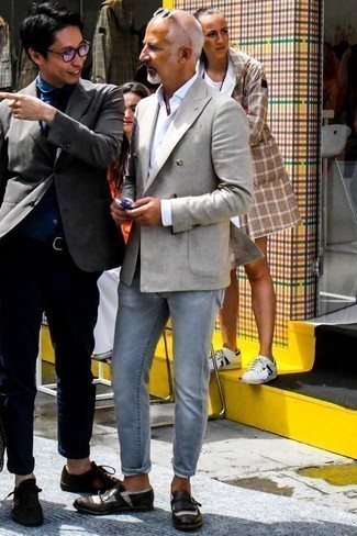 Monks Outfits: Perfect the casually smart ensemble in a grey double breasted blazer and grey jeans. If you want to break out of the mold a little, introduce monks to your look.