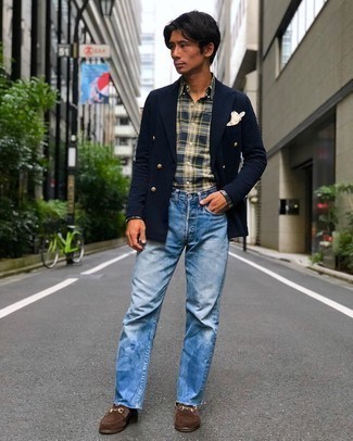 Men's Navy Double Breasted Blazer, Navy Plaid Long Sleeve Shirt, Light Blue Jeans, Brown Suede Loafers