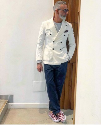 Men's White Double Breasted Blazer, Grey Long Sleeve T-Shirt, Navy Chinos, White and Red Check Canvas Slip-on Sneakers