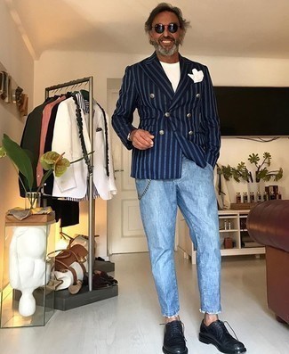 Blue Vertical Striped Blazer Outfits For Men: If you don't take your style lightly, go for classic style in a blue vertical striped blazer and light blue jeans. Put a more polished spin on your ensemble by sporting a pair of black leather derby shoes.