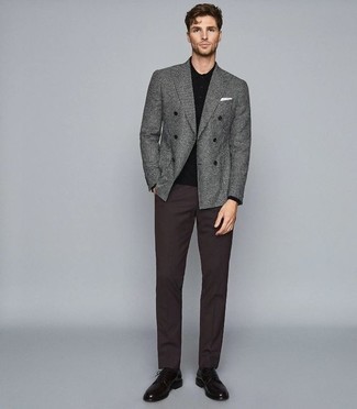 Grey Check Blazer Outfits For Men: This pairing of a grey check blazer and dark brown chinos is proof that a pared down outfit doesn't have to be boring. If you want to immediately dial up this look with one piece, why not add a pair of black leather derby shoes to the equation?