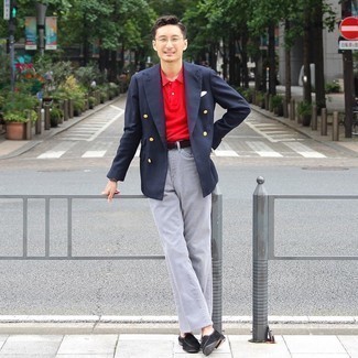 Men's Navy Double Breasted Blazer, Red Polo, Grey Jeans, Black Suede Tassel Loafers