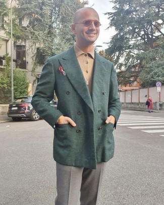 Men's Dark Green Wool Double Breasted Blazer, Tan Wool Polo Neck Sweater, Grey Dress Pants, Multi colored Print Pocket Square
