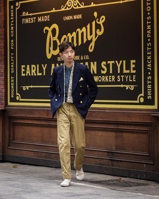 Yellow Socks Outfits For Men: You'll be surprised at how very easy it is for any gentleman to get dressed this way. Just a navy double breasted blazer and yellow socks. Opt for white canvas low top sneakers to pull the whole outfit together.
