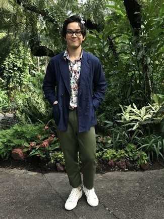 Men's Navy Double Breasted Blazer, Multi colored Print Short Sleeve Shirt, Olive Chinos, White Canvas Low Top Sneakers