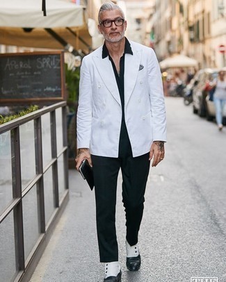 Men's White Double Breasted Blazer, Navy Short Sleeve Shirt, Navy Dress Pants, White and Black Leather Chelsea Boots