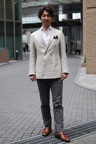 Beige Double Breasted Blazer Outfits For Men: A beige double breasted blazer and charcoal dress pants are among the unshakeable foundations of any solid menswear collection. For something more on the casually edgy side to finish off this look, add a pair of brown leather monks to the mix.
