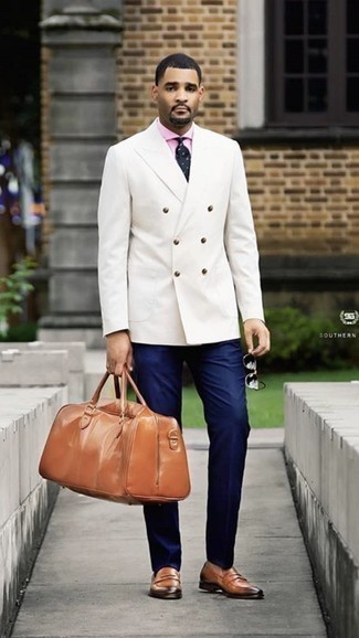 Men's White Double Breasted Blazer, Pink Short Sleeve Shirt, Navy Dress Pants, Tobacco Leather Loafers