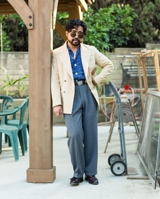 Burgundy Leather Tassel Loafers Outfits: You'll be surprised at how very easy it is to get dressed like this. Just a beige double breasted blazer and grey dress pants. If you wish to immediately dial down this look with one piece, why not add burgundy leather tassel loafers to the mix?