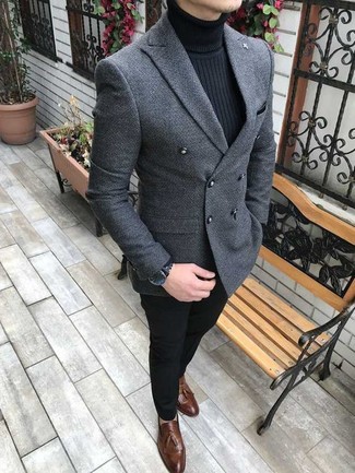 Grey Wool Double Breasted Blazer Outfits For Men: This pairing of a grey wool double breasted blazer and black chinos can only be described as devastatingly stylish and effortlessly sleek. Ramp up this whole ensemble by rounding off with brown leather tassel loafers.