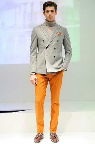 Men's Grey Double Breasted Blazer, Grey Turtleneck, Orange Chinos, Brown Leather Tassel Loafers