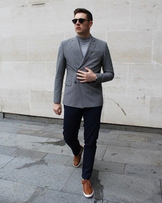 Men's White and Black Houndstooth Double Breasted Blazer, Grey Turtleneck, Navy Chinos, Brown Leather Low Top Sneakers