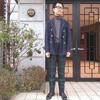 Men's Navy Double Breasted Blazer, Dark Brown Turtleneck, Navy and Green Plaid Dress Pants, Black Leather Loafers