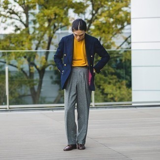 Green-Yellow Turtleneck Outfits For Men: Teaming a green-yellow turtleneck and grey wool dress pants is a surefire way to infuse elegance into your daily arsenal. On the footwear front, this look pairs well with dark brown leather loafers.