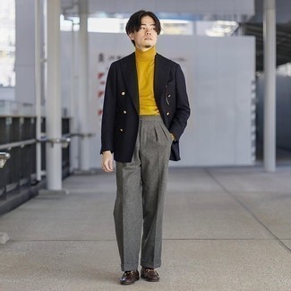 Mustard Turtleneck Outfits For Men: Go for a mustard turtleneck and grey wool dress pants if you're going for a proper, smart look. All you need is a cool pair of dark brown leather loafers to complete this look.