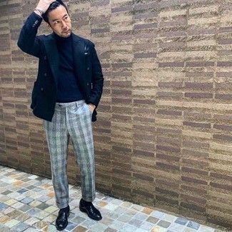 Black Leather Loafers Outfits For Men: For a look that's totally camera-worthy, dress in a navy double breasted blazer and grey gingham dress pants. Complete this look with a pair of black leather loafers to keep the ensemble fresh.