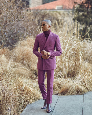 Men's Purple Double Breasted Blazer, Burgundy Turtleneck, Purple Dress Pants, Dark Brown Leather Chelsea Boots