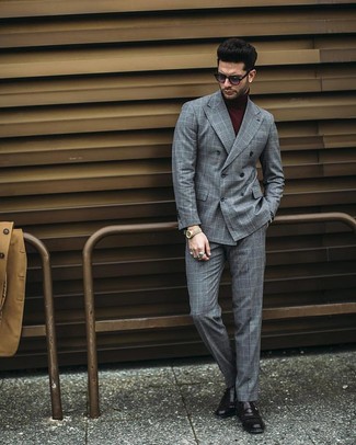 Burgundy Turtleneck Warm Weather Outfits For Men: For a look that's city-style-worthy and effortlessly smart, make a burgundy turtleneck and grey check dress pants your outfit choice. Black leather monks are a guaranteed way to bring an extra touch of elegance to this ensemble.