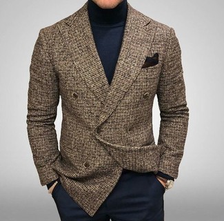 Brown Check Wool Double Breasted Blazer Outfits For Men: We love the way this pairing of a brown check wool double breasted blazer and navy dress pants instantly makes any man look sophisticated and dapper.