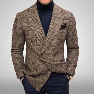 Brown Windowpane Check Double Breasted Wool Blazer