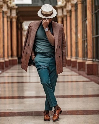 Brown Double Breasted Blazer Outfits For Men: Wear a brown double breasted blazer and teal dress pants if you're aiming for a proper, sharp look. For a more laid-back touch, introduce a pair of tobacco leather derby shoes to the mix.