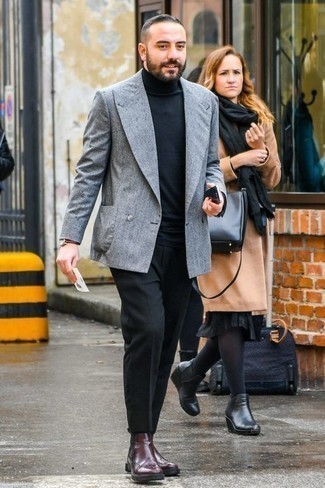 Grey Double Breasted Blazer Outfits For Men: Pairing a grey double breasted blazer and black dress pants is a surefire way to inject class into your styling collection. Burgundy leather chelsea boots will bring a more relaxed touch to an otherwise traditional getup.