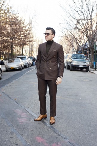 Tan Double Monks Outfits: This pairing of a dark brown double breasted blazer and dark brown dress pants is a never-failing option when you need to look truly smart. Tan double monks are guaranteed to bring a sense of stylish effortlessness to this ensemble.