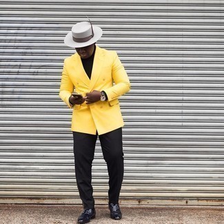 Yellow Double Breasted Blazer Outfits For Men: Putting together a yellow double breasted blazer and black dress pants is a fail-safe way to inject your closet with some manly refinement. Complete your getup with navy leather loafers to add a dash of stylish casualness to this look.