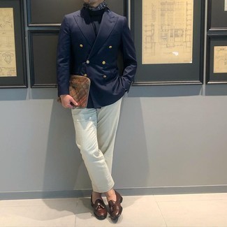 Men's Navy Double Breasted Blazer, Navy Turtleneck, White Dress Pants, Brown Leather Tassel Loafers