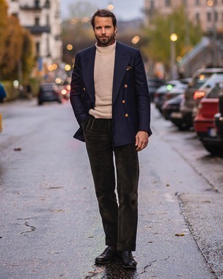 Navy and White Double Breasted Blazer Outfits For Men: This sophisticated pairing of a navy and white double breasted blazer and dark green corduroy dress pants is undoubtedly a statement-maker. And if you want to effortlessly tone down your look with one single piece, add a pair of dark brown leather loafers to the equation.