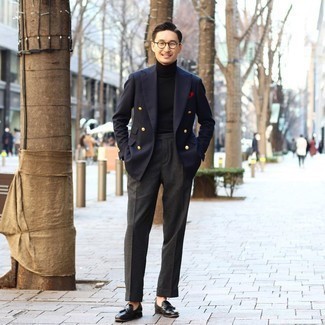 Black Turtleneck Dressy Outfits For Men: We're loving the way this pairing of a black turtleneck and charcoal dress pants immediately makes a man look dapper and sophisticated. When it comes to footwear, this ensemble is completed really well with black leather tassel loafers.