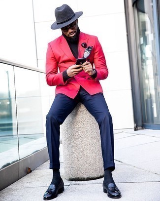 Charcoal Straw Hat Outfits For Men: For a laid-back outfit with a modern spin, try pairing a red double breasted blazer with a charcoal straw hat. Transform this getup with black leather tassel loafers.