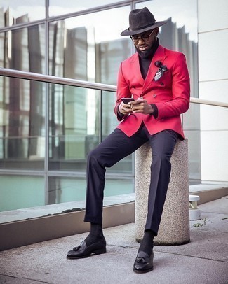 Red Jacket Dressy Outfits For Men, Red Coat And Blue Pants Mens