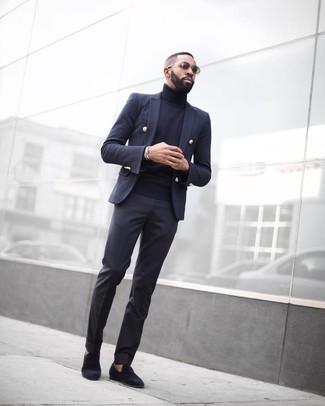 Navy Velvet Loafers Outfits For Men: A navy double breasted blazer and charcoal dress pants are an extra stylish outfit to try. And if you need to instantly tone down your outfit with one single piece, introduce a pair of navy velvet loafers to your getup.