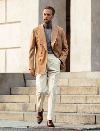 Brown Leather Derby Shoes Dressy Outfits: This is hard proof that a tan double breasted blazer and beige dress pants look awesome if you pair them together in a classy look for today's man. Send your outfit a less formal path with brown leather derby shoes.