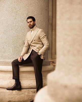 Brown Watch Outfits For Men: Pair a beige double breasted blazer with a brown watch for both seriously stylish and easy-to-wear outfit. To bring a bit of zing to this outfit, introduce a pair of dark brown leather chelsea boots to the mix.