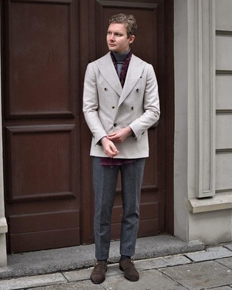 Burgundy Print Scarf Outfits For Men: For a look that offers functionality and fashion, consider pairing a grey double breasted blazer with a burgundy print scarf. To introduce some extra depth to your look, introduce a pair of dark brown suede monks to the mix.