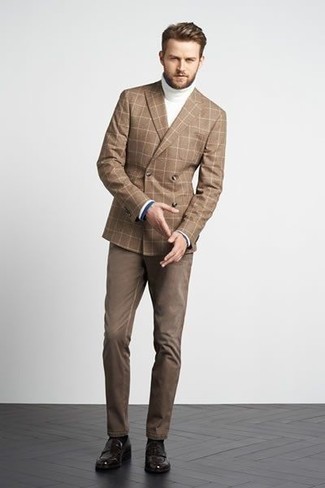 Skinny Double Breasted Blazer In Brown Prince Of Wales Check