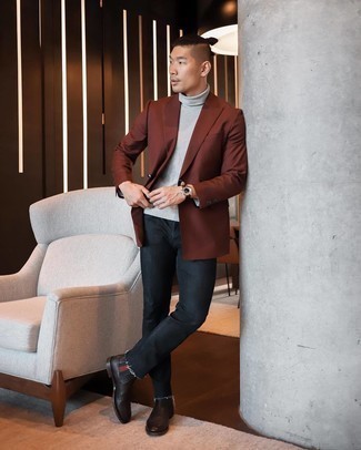 Men's Brown Double Breasted Blazer, Grey Turtleneck, Black Jeans, Dark Brown Leather Chelsea Boots