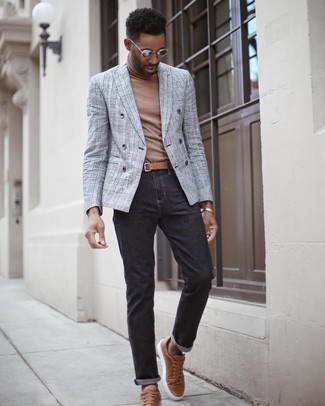 Men's Grey Plaid Double Breasted Blazer, Tan Turtleneck, Charcoal Jeans, Tan Leather Low Top Sneakers