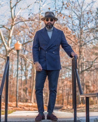 Blue Socks Outfits For Men: For a laid-back ensemble, consider wearing a navy vertical striped double breasted blazer and blue socks — these two items play perfectly together. If you want to immediately polish off your ensemble with a pair of shoes, throw dark brown suede tassel loafers into the mix.