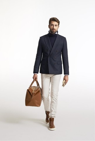 Men's Navy Wool Double Breasted Blazer, Navy Turtleneck, White Long Sleeve Shirt, Beige Chinos