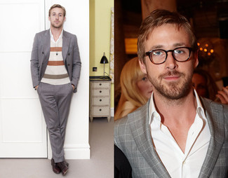 Ryan Gosling wearing Grey Double Breasted Blazer, Beige Horizontal Striped V-neck Sweater, White Dress Shirt, Grey Dress Pants
