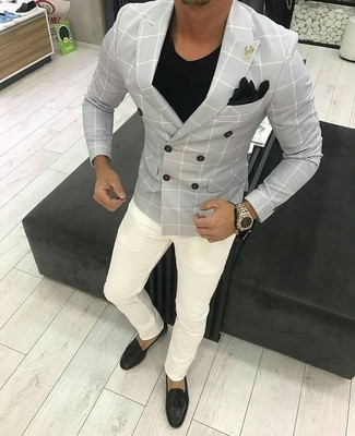Grey Check Blazer Outfits For Men: For an effortlessly sleek look, pair a grey check blazer with white chinos — these two pieces work perfectly well together. Puzzled as to how to finish this ensemble? Finish with black leather tassel loafers to dial up the fashion factor.